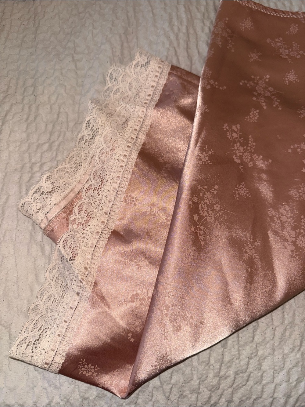 Dior Blush Pink Satin Silk Skirt with Cream Lace Trim